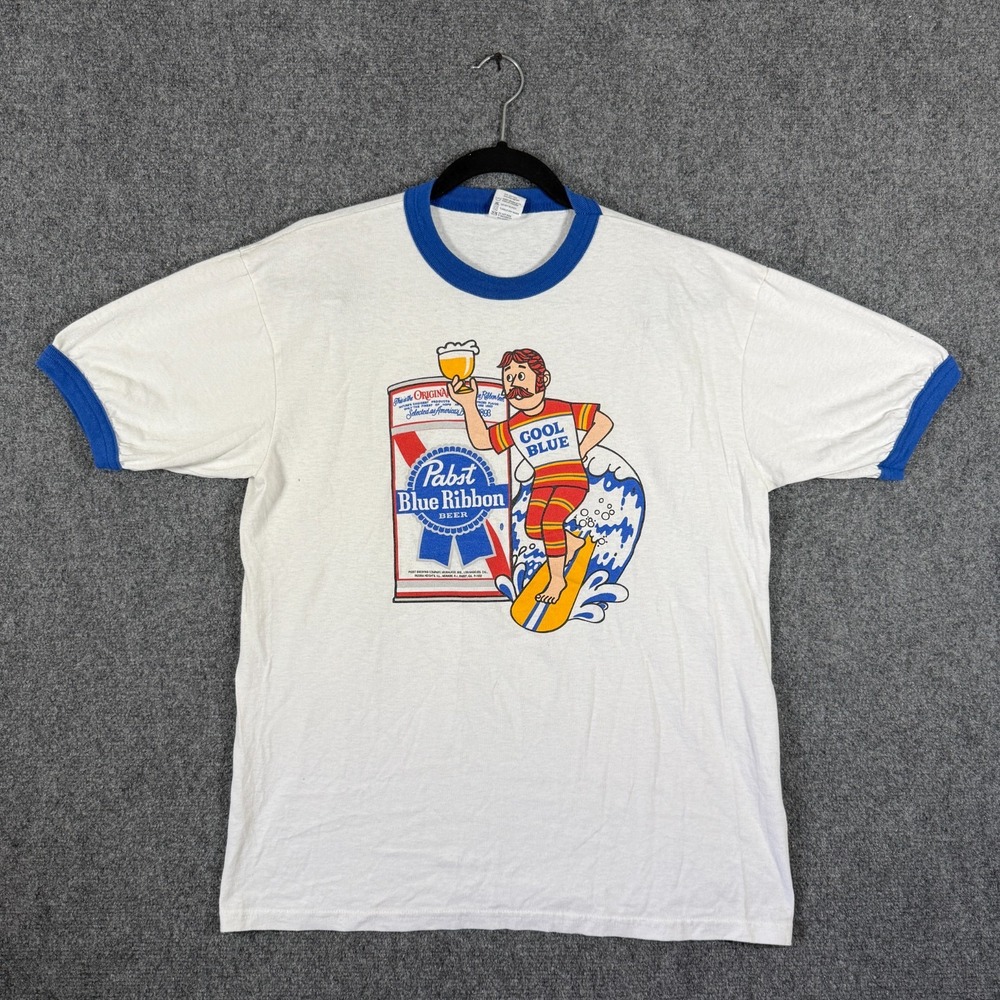 Vintage Pabst Blue Ribbon Cool Blue Ringer Shirt Beer Promo White Blue Large